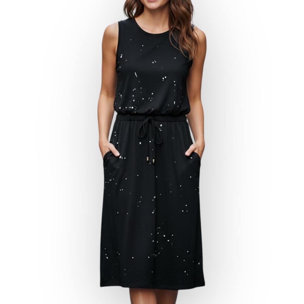 POL Black White Speckle Midi Dress Adjustable Waist Small NWOT